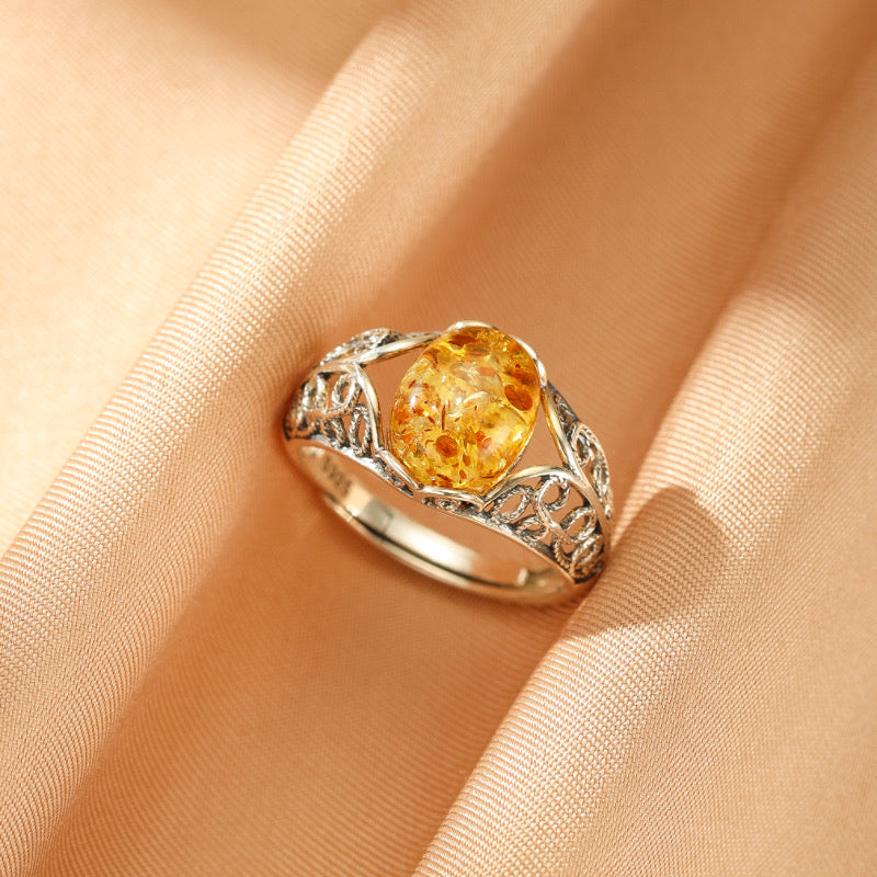 Bague Ambre – Étreinte Dorée, Argent