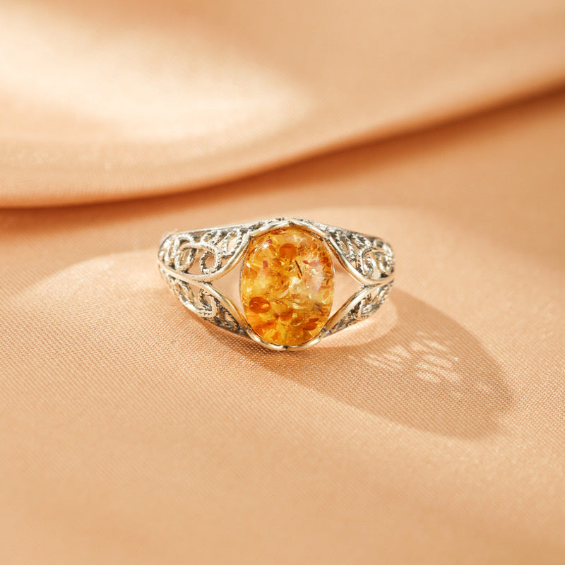 Bague Ambre – Étreinte Dorée, Argent