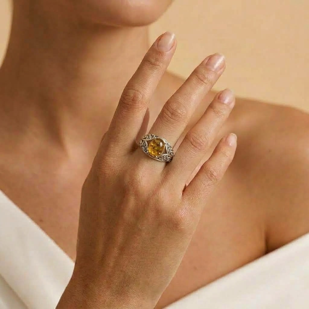 Bague Ambre – Étreinte Dorée, Argent