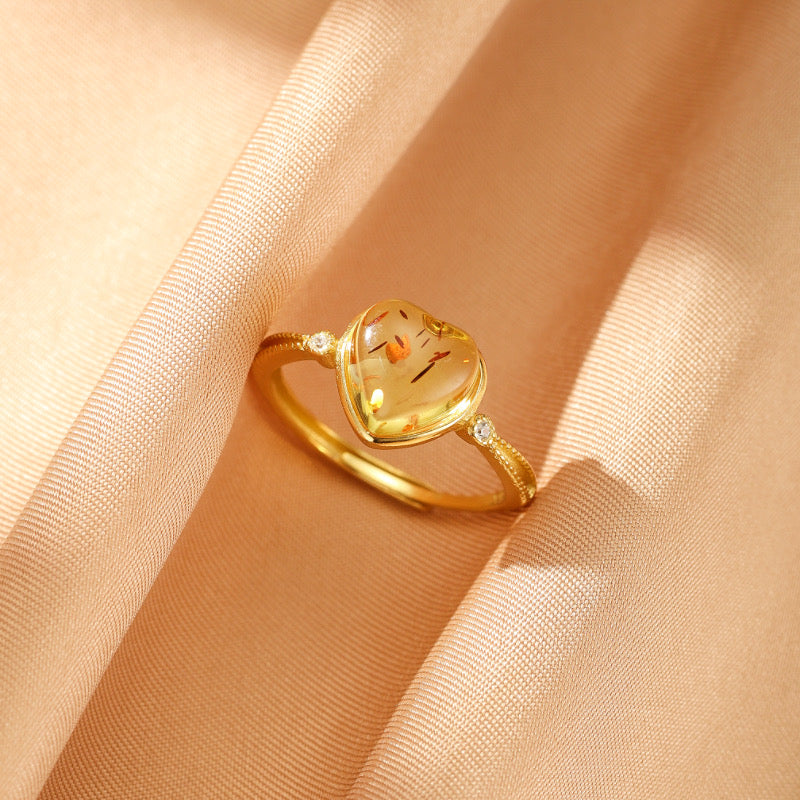 Bague Ambre – Cœur Rayonnant, Argent Plaqué Or