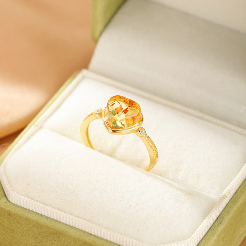 Bague Ambre – Cœur Rayonnant, Argent Plaqué Or