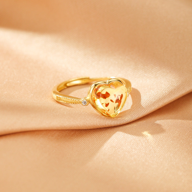 Bague Ambre – Cœur Rayonnant, Argent Plaqué Or