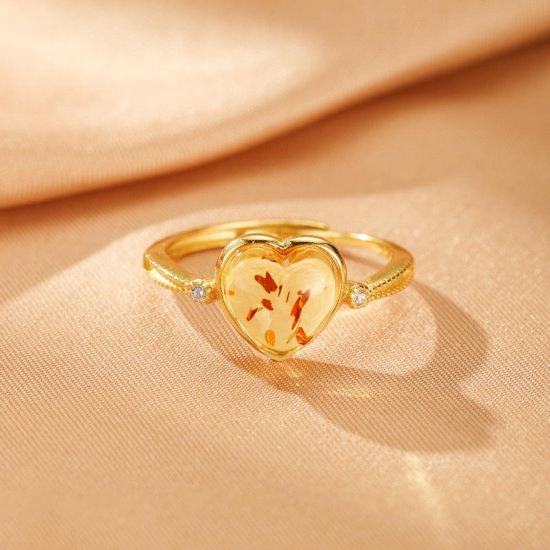 Bague Ambre – Cœur Rayonnant, Argent Plaqué Or
