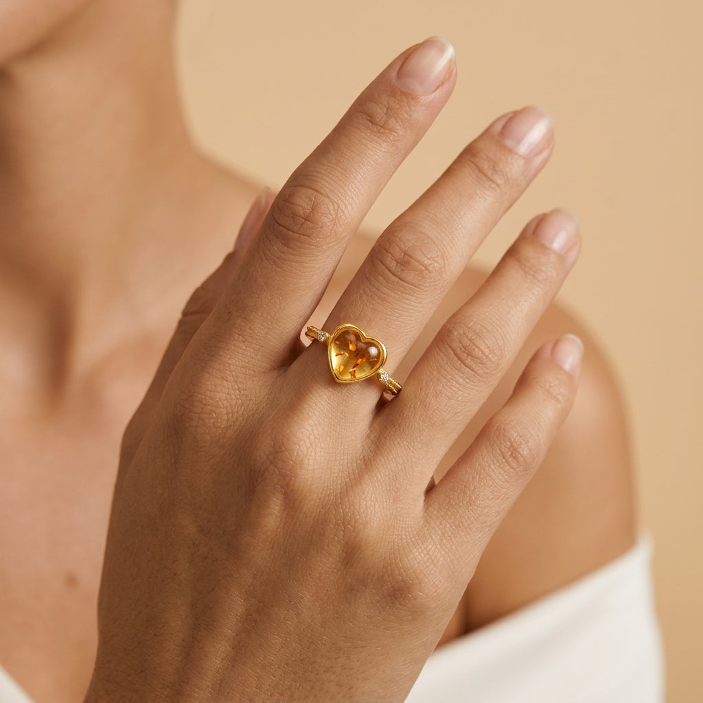 Bague Ambre – Cœur Rayonnant, Argent Plaqué Or