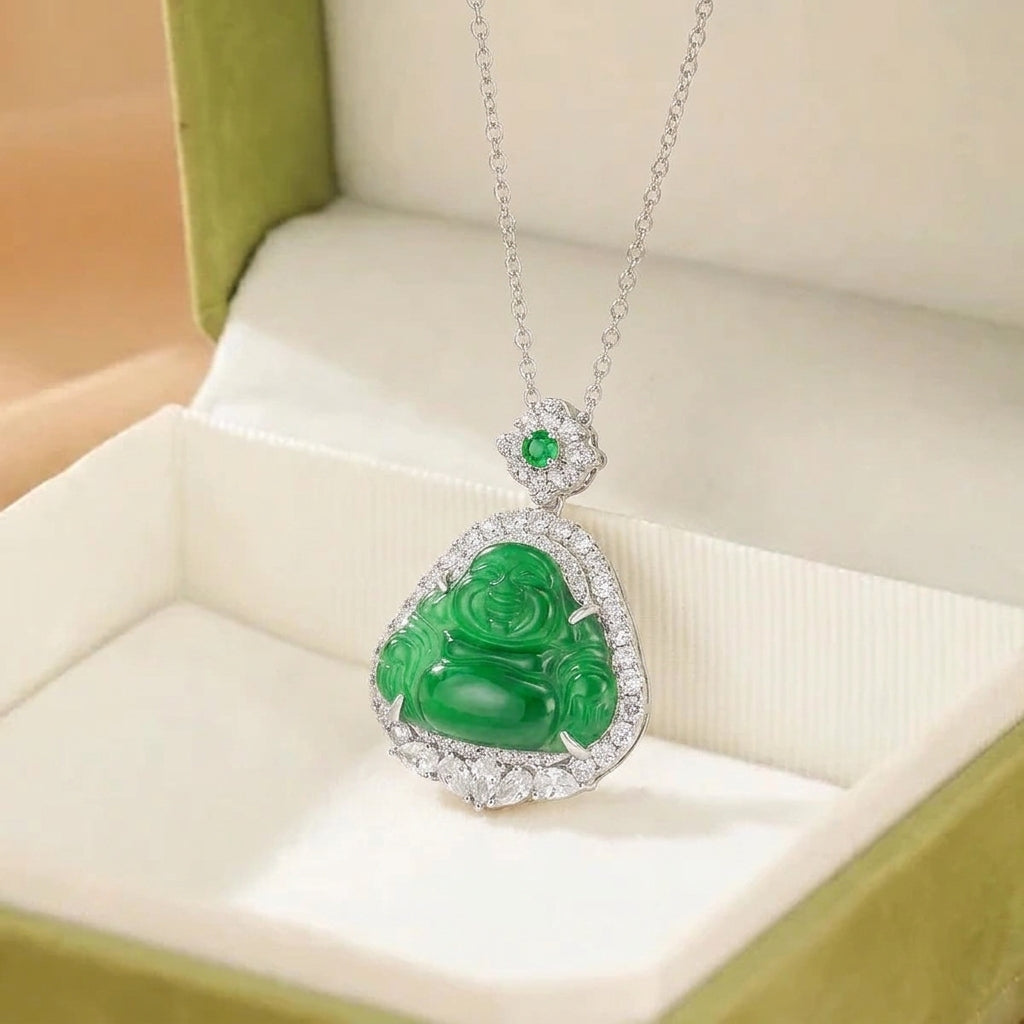 Collier Jadeïte – Bouddha Rieur, Argent