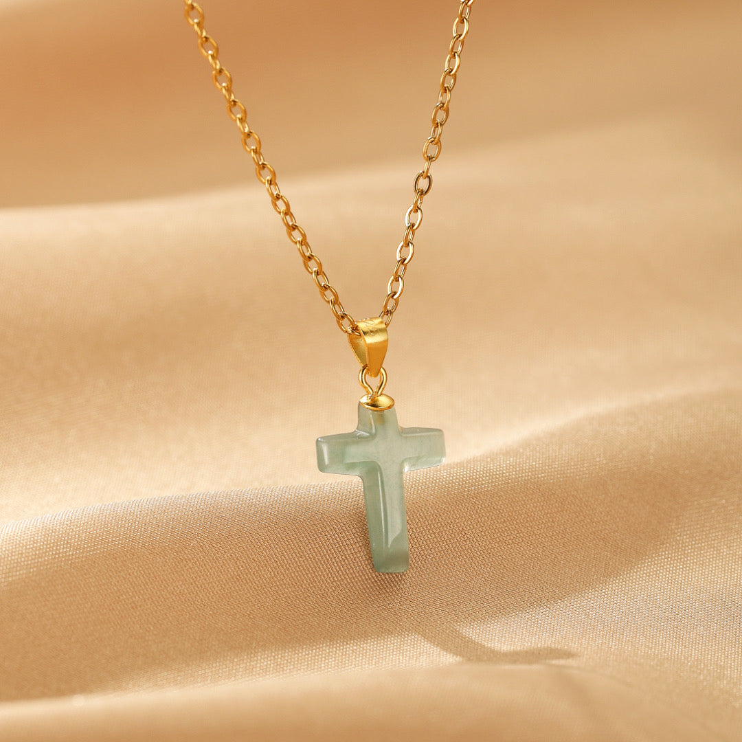 Collier Jadeïte – Croix Céleste, Argent Plaqué Or