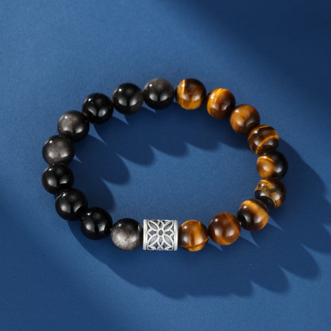 Bracelet Homme Œil de Tigre et Obsidienne – Harmonie Souterraine, Argent