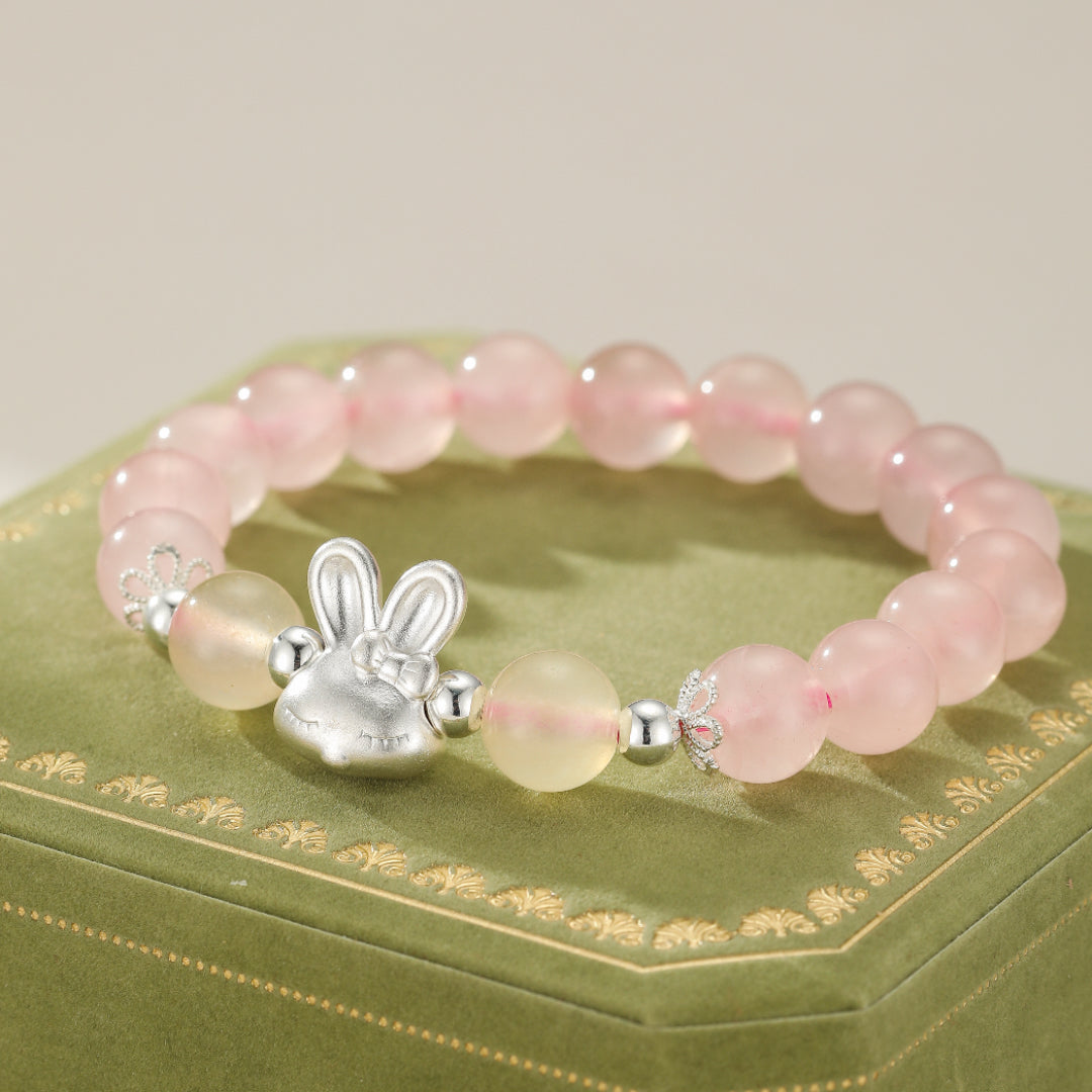 Bracelet Enfant Quartz Rose et Calcédoine Jaune – Douceur Lapin, Argent