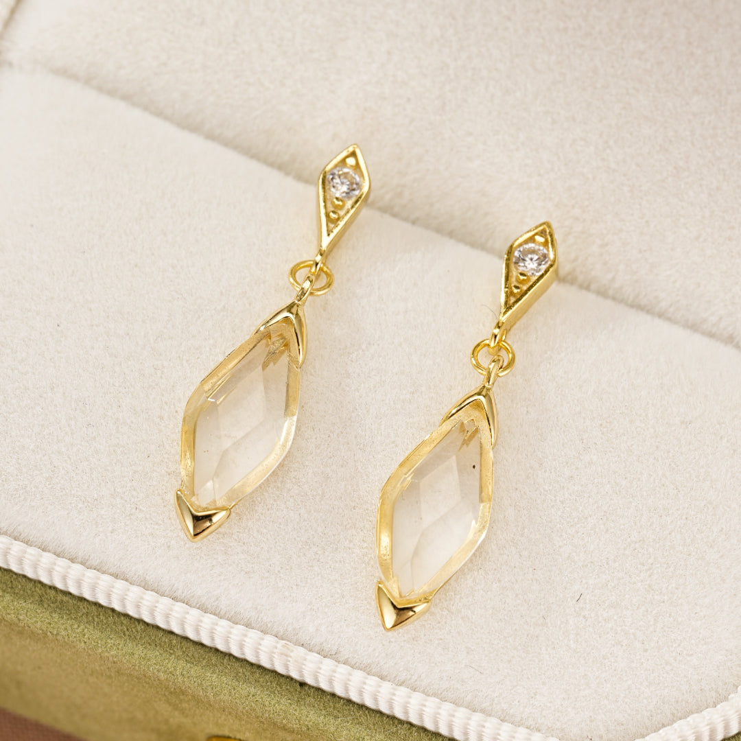 Boucles d'Oreilles Cristal de Roche – Pluie Dorée, Argent Plaqué Or 14K