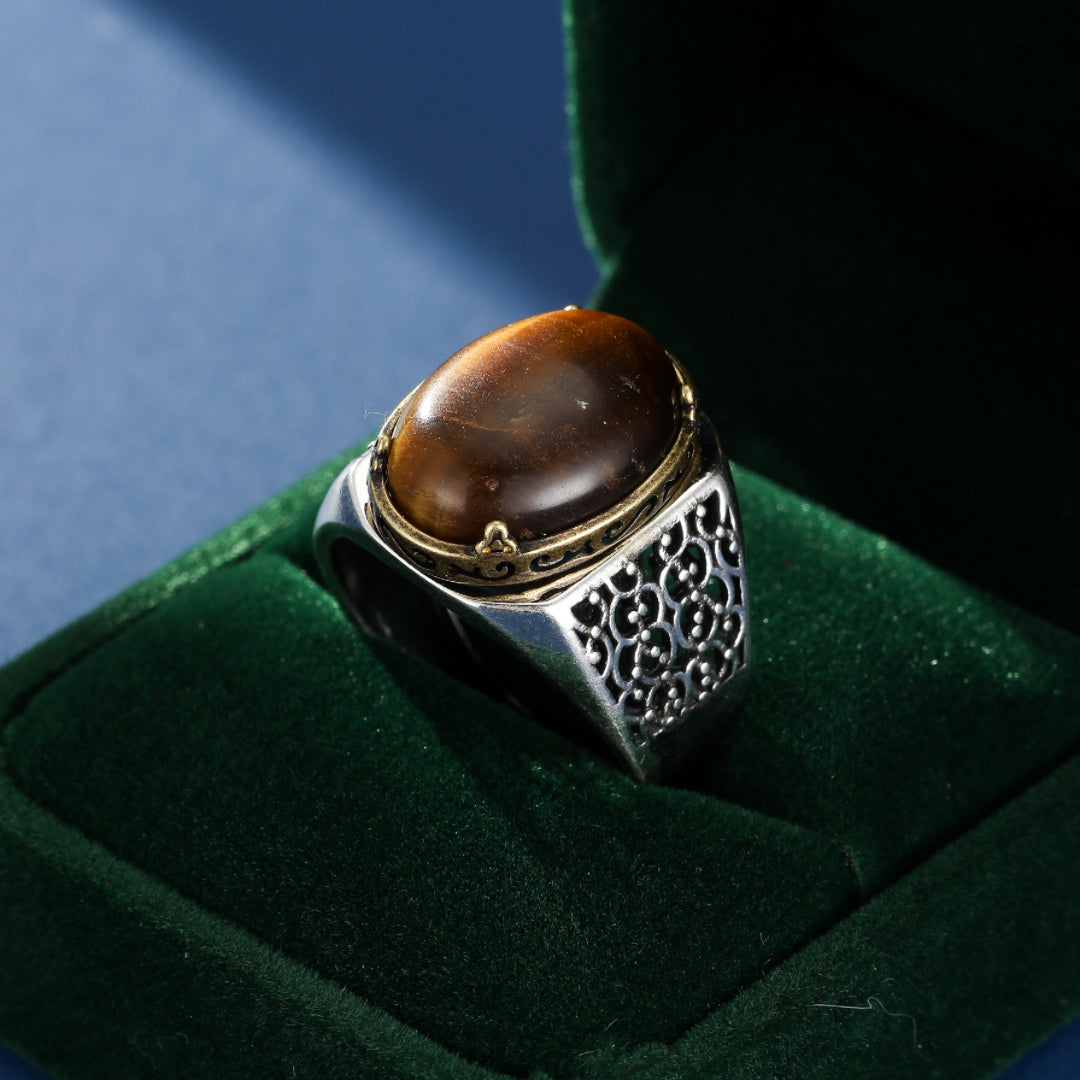 Bague Homme Œil de Tigre – Souverain Magnétique, Argent