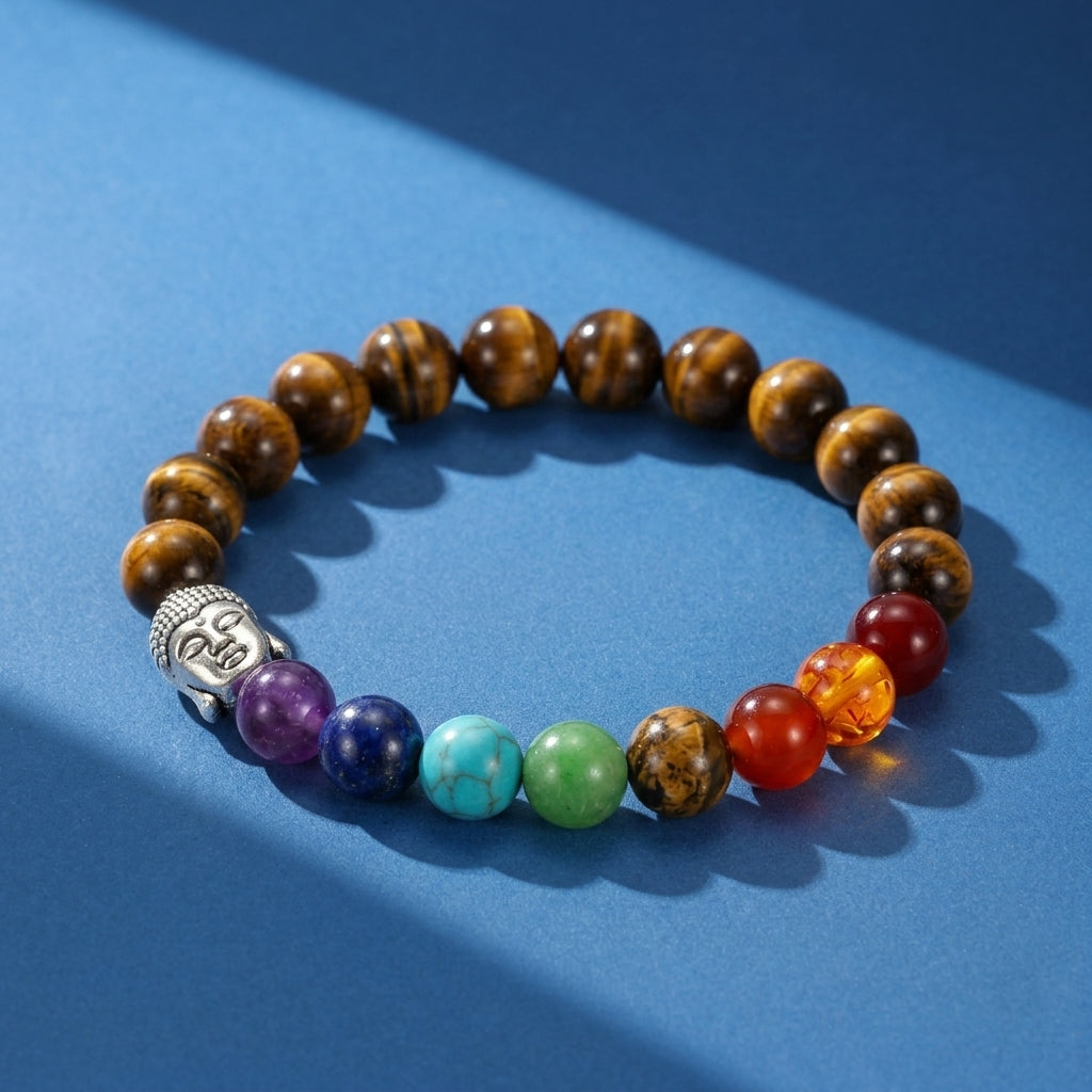 Bracelet 7 Chakras Œil de Tigre et Pierres Naturelles - Bouddha