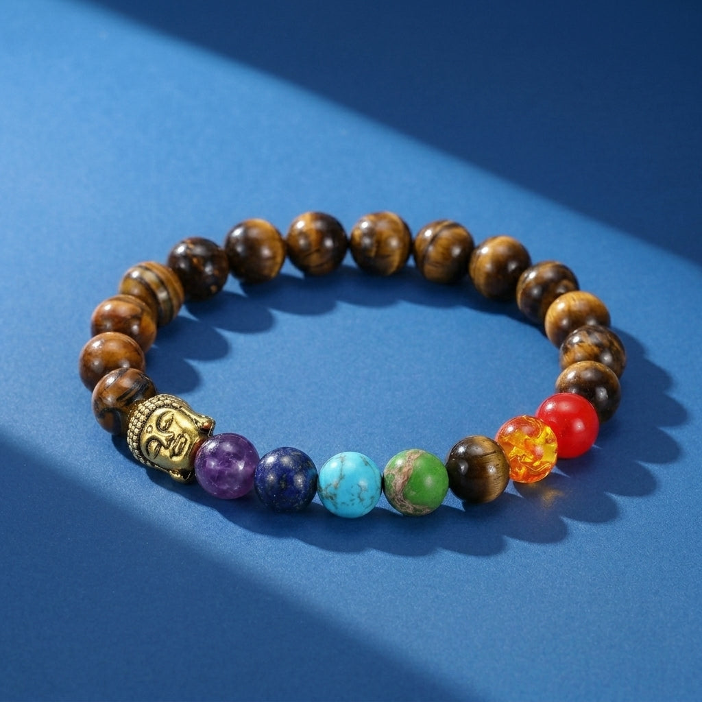 Bracelet 7 Chakras Œil de Tigre et Pierres Naturelles - Bouddha