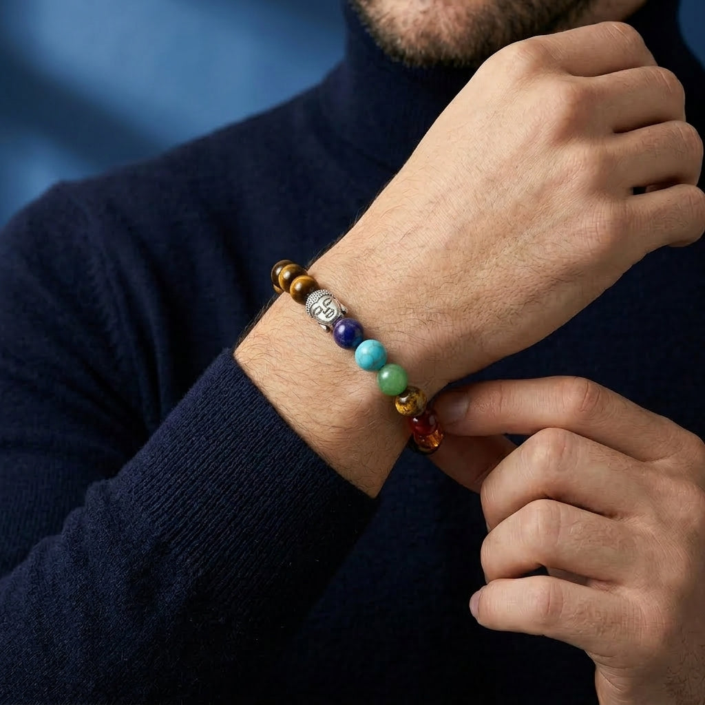 Bracelet 7 Chakras Œil de Tigre et Pierres Naturelles - Bouddha
