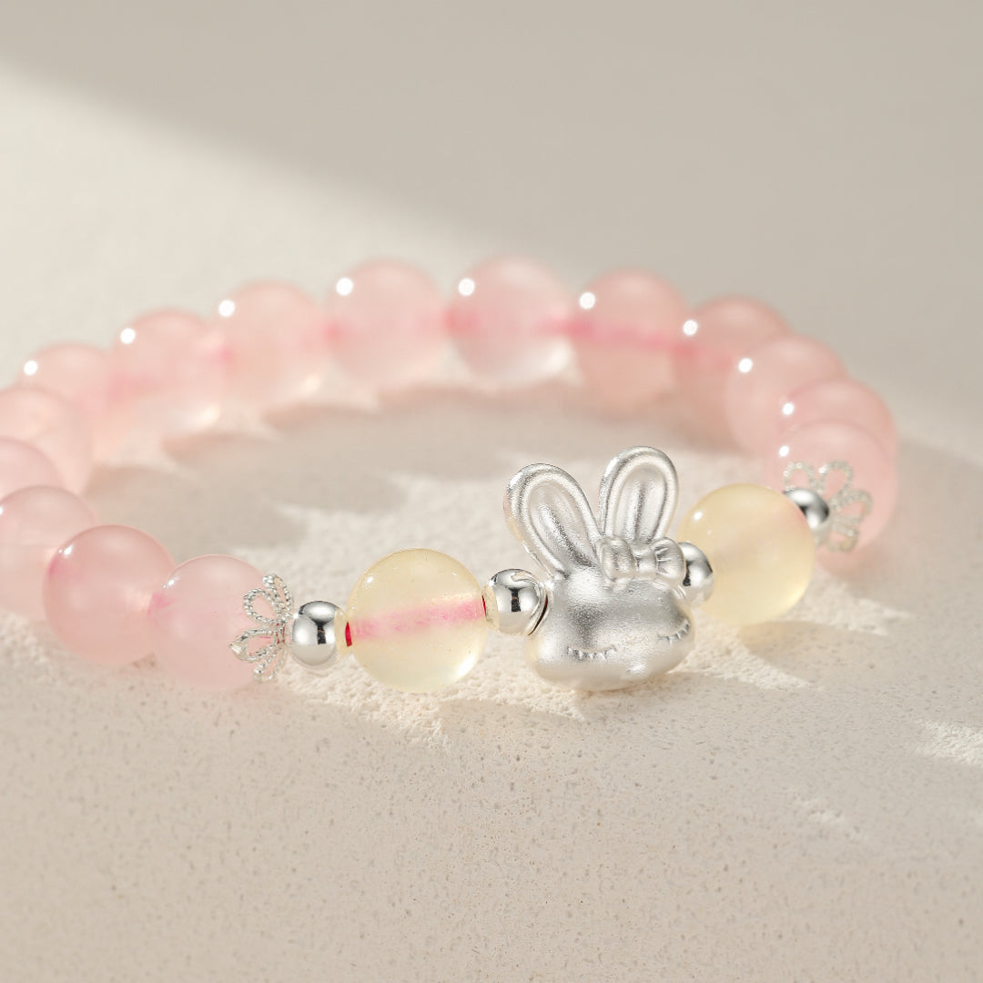 Bracelet Enfant Quartz Rose et Calcédoine Jaune – Douceur Lapin, Argent