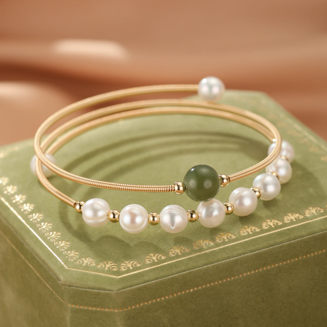 Bracelet Jade Néphrite et Perle – Élégance Pure