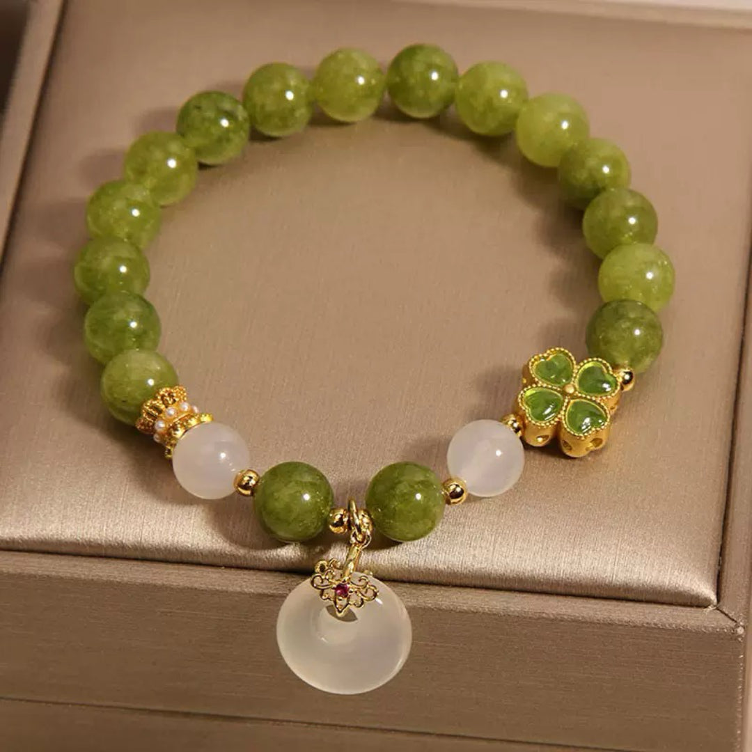 Bracelet Tourmaline Verte et Jade – Trèfle Porte-Chance