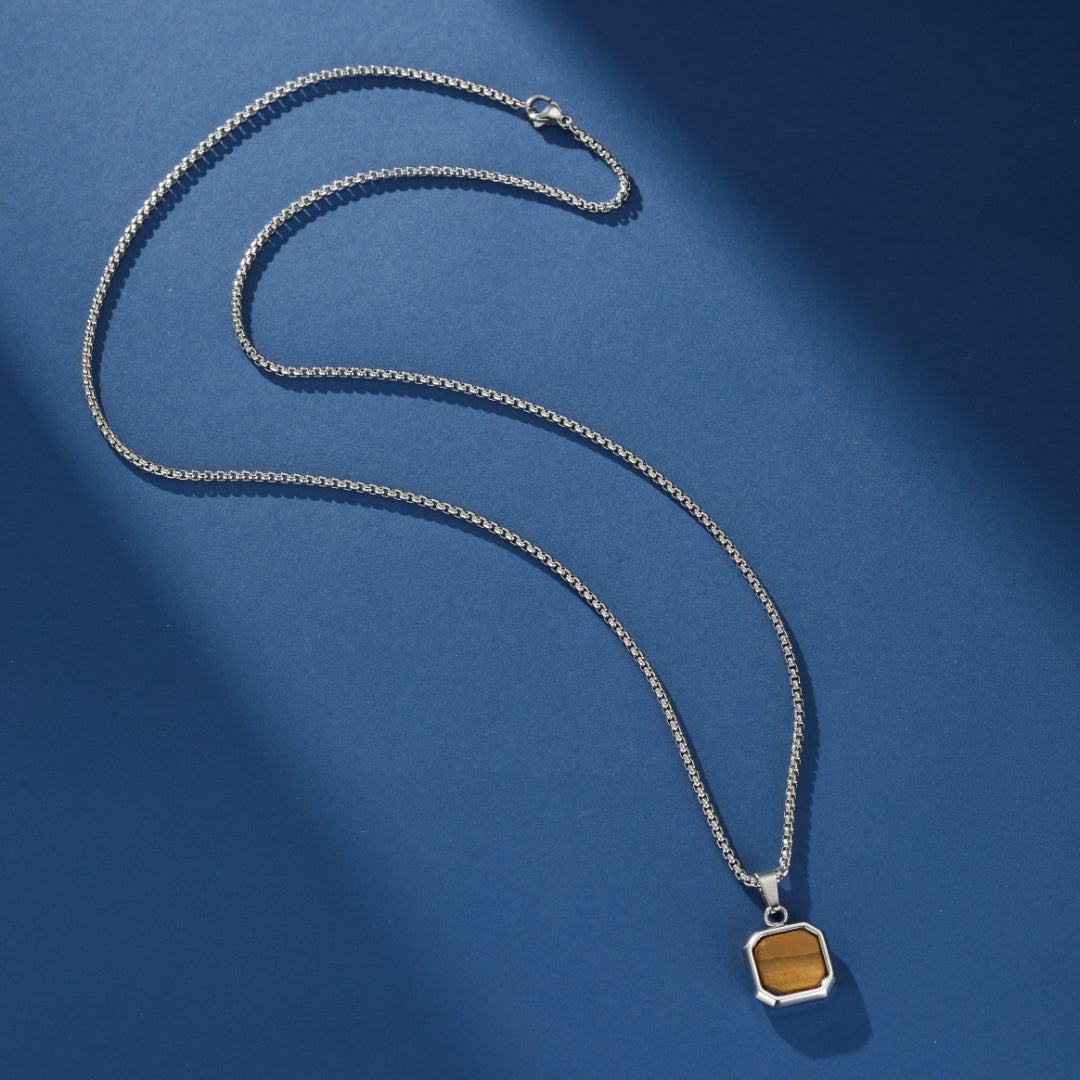Collier Homme Œil de Tigre – Médaillon Géométrique