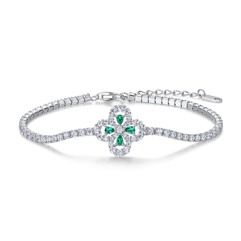 Bracelet Émeraude Trèfle – Chance Étincelante, Argent Plaqué Platine
