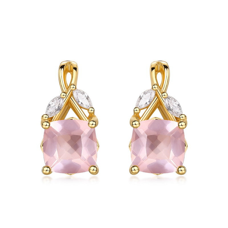 Boucles d'Oreilles Quartz Rose – Élégant Feuillu, Argent Plaqué Or