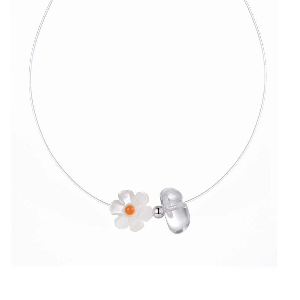 Collier Flottant  Quartz Clair et Perle – Fleur de Lumière, Argent