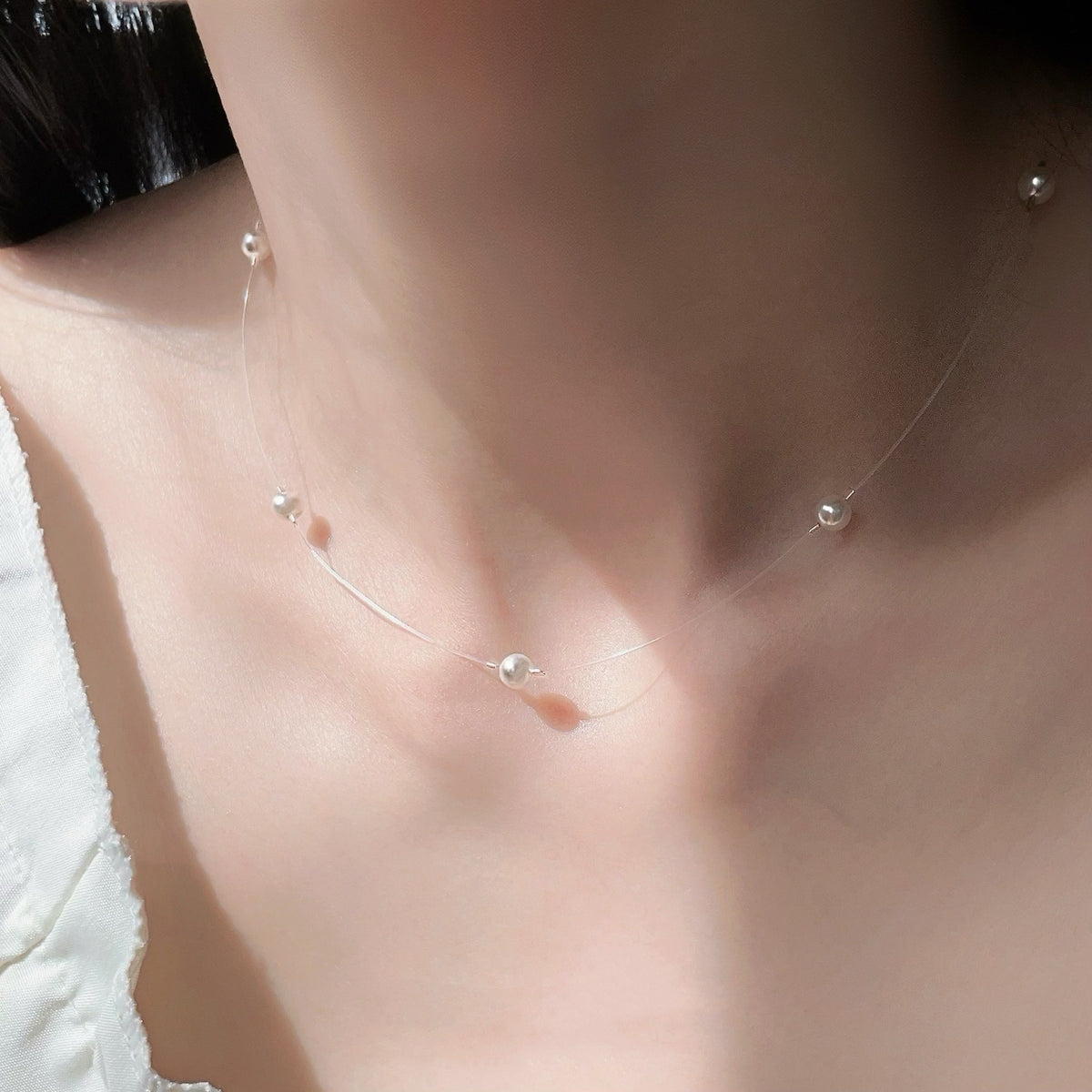 Collier Flottant Perle – Voile Nacré, Argent