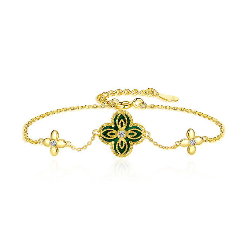 Bracelet Malachite – Trèfle Enchanté, Argent Plaqué Or