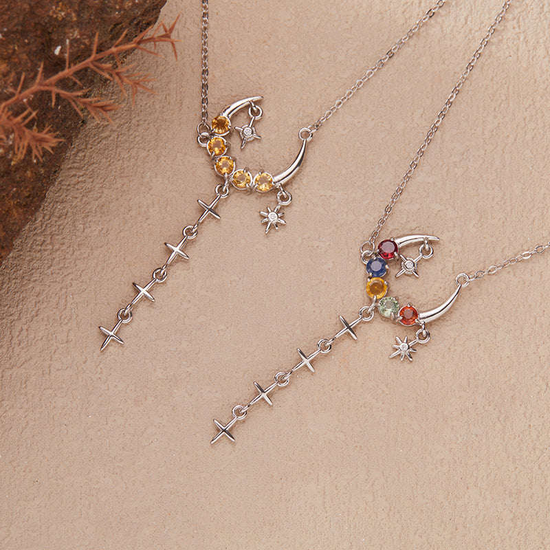 Collier Lune Citrine et Pierre Naturelles – Onde de Nuit, Argent