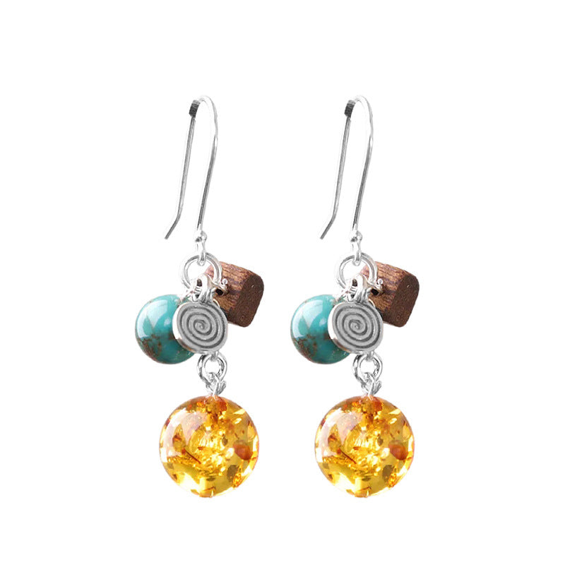 Boucles d'Oreilles Ambre, Turquoise et Bois – Charme Terrestre, Argent