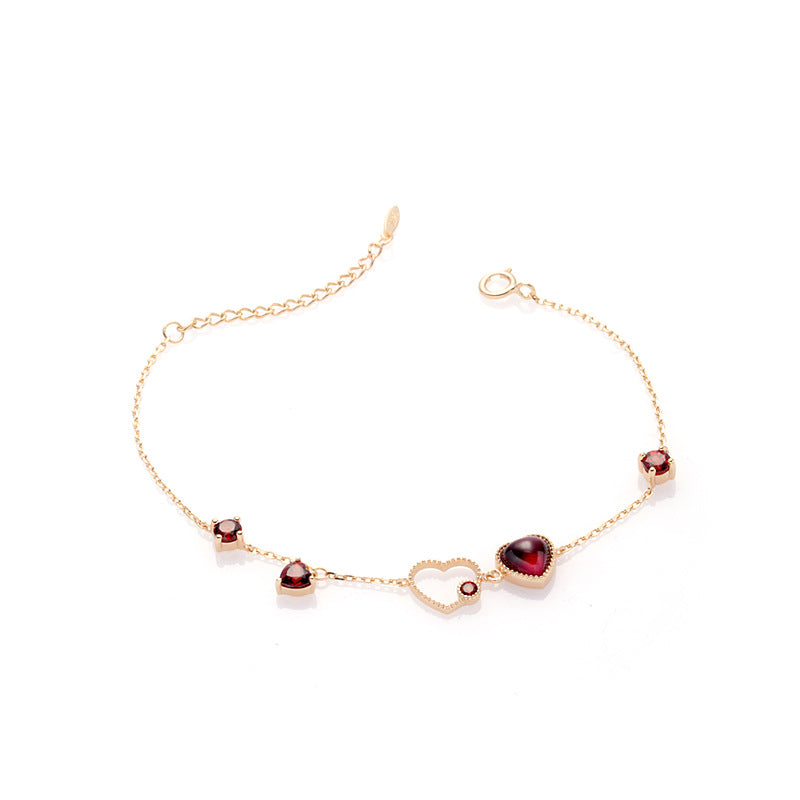 Bracelet Grenat – Cœur Passionné, Argent Plaqué Or 14K