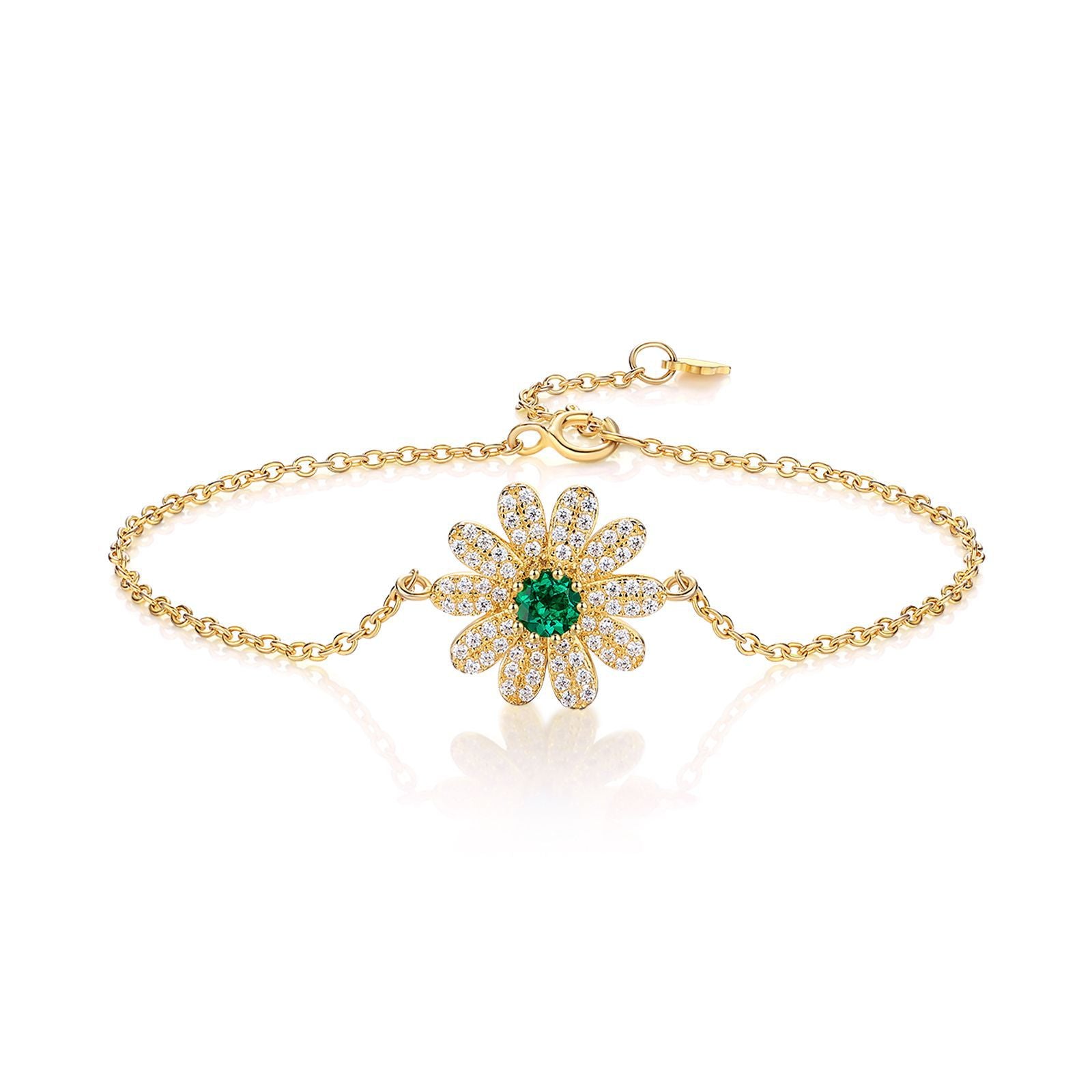 Emerald and Zircon Bracelet – Radiant Flower, 18K Gold Plated Silver