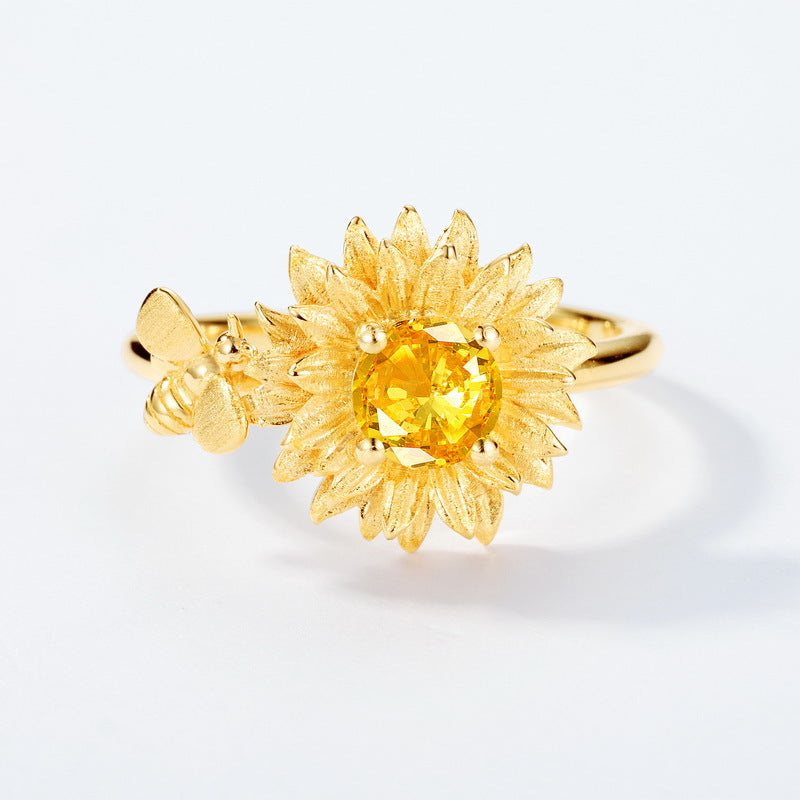 Bague Citrine – Danse Florale, Argent Plaqué Or