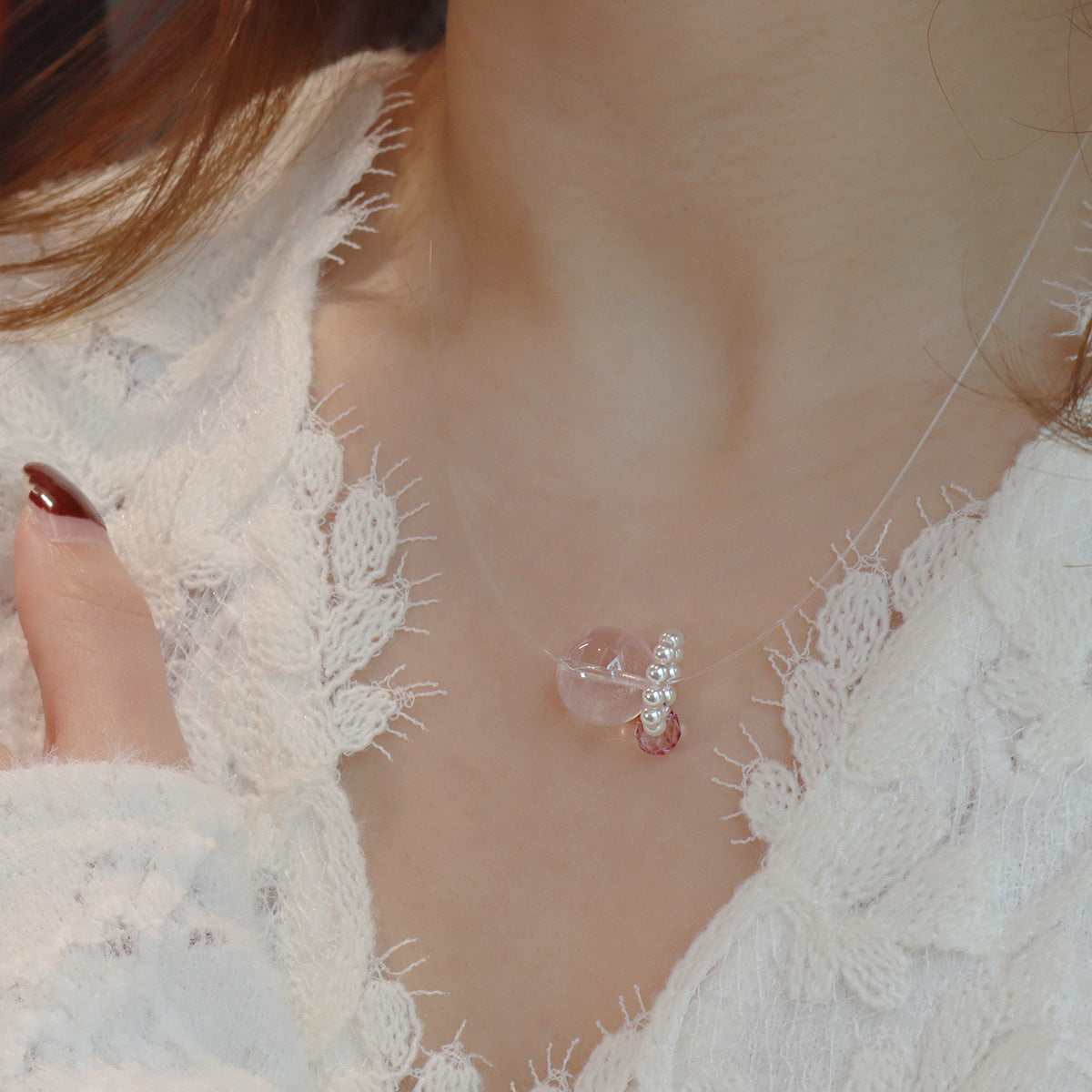 Collier Flottant  Quartz Rose et Perle – Éclat Suspendu, Argent