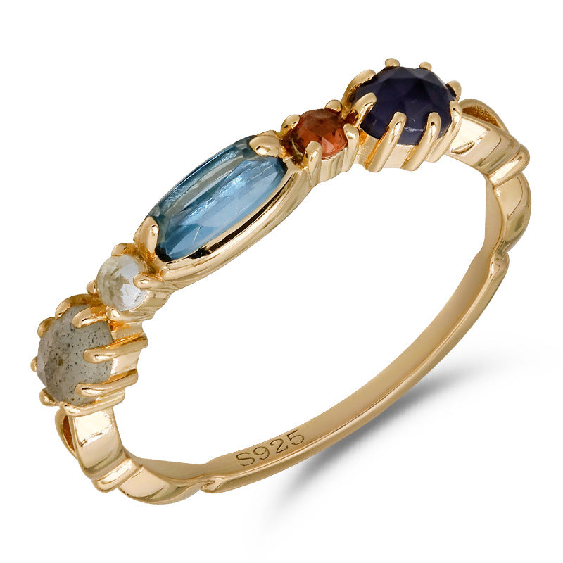 Bague Topaze, Lolite et Labradorite – Destin Paradisiaque, Argent Plaqué Or 10K