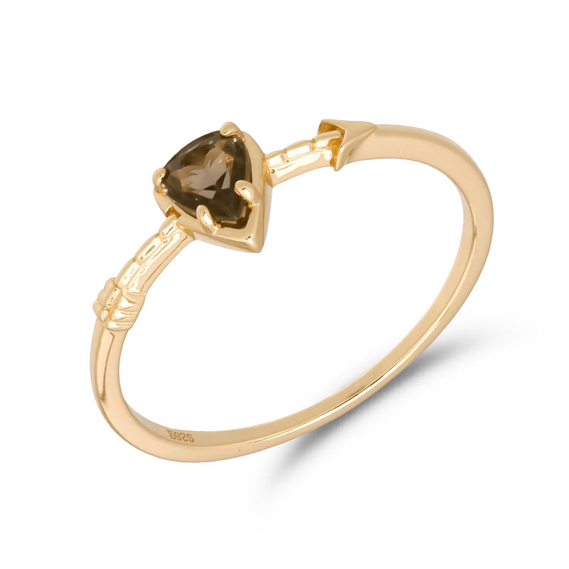Bague Quartz Fumé – Flèche d'Amour, Argent Plaqué Or 14K