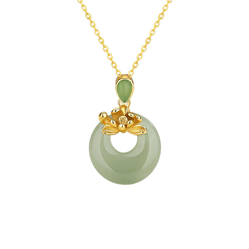 Collier Jade Néphrite – Lotus Sacré, Argent Plaqué Or