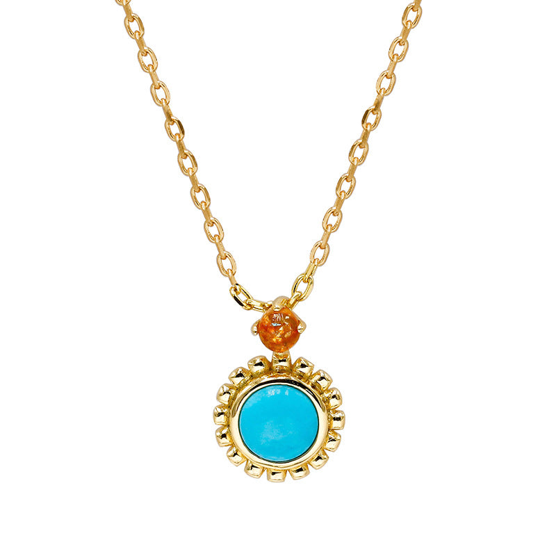 Collier Turquoise et Pierre de Soleil – Énergie Ancestrale, Argent Plaqué Or 14K