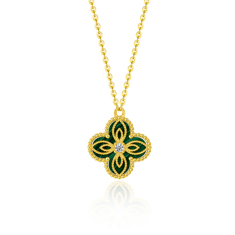 Collier Malachite – Trèfle Chanceux, Argent Plaqué Or