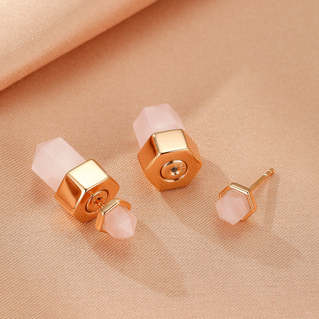 Boucles d’oreilles Quartz Rose – Point de Lumière, Argent Plaqué Or 10K