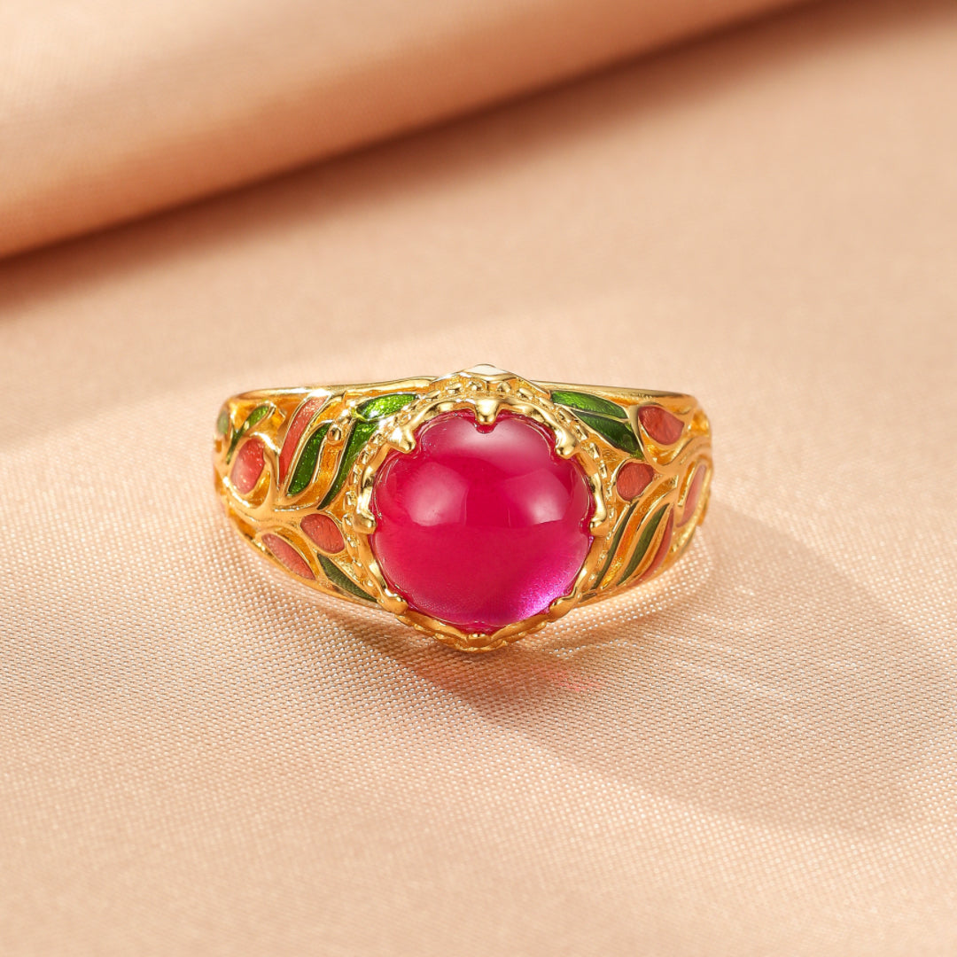 Bague Cornaline – Feuillage Impérial, Argent Émaillé