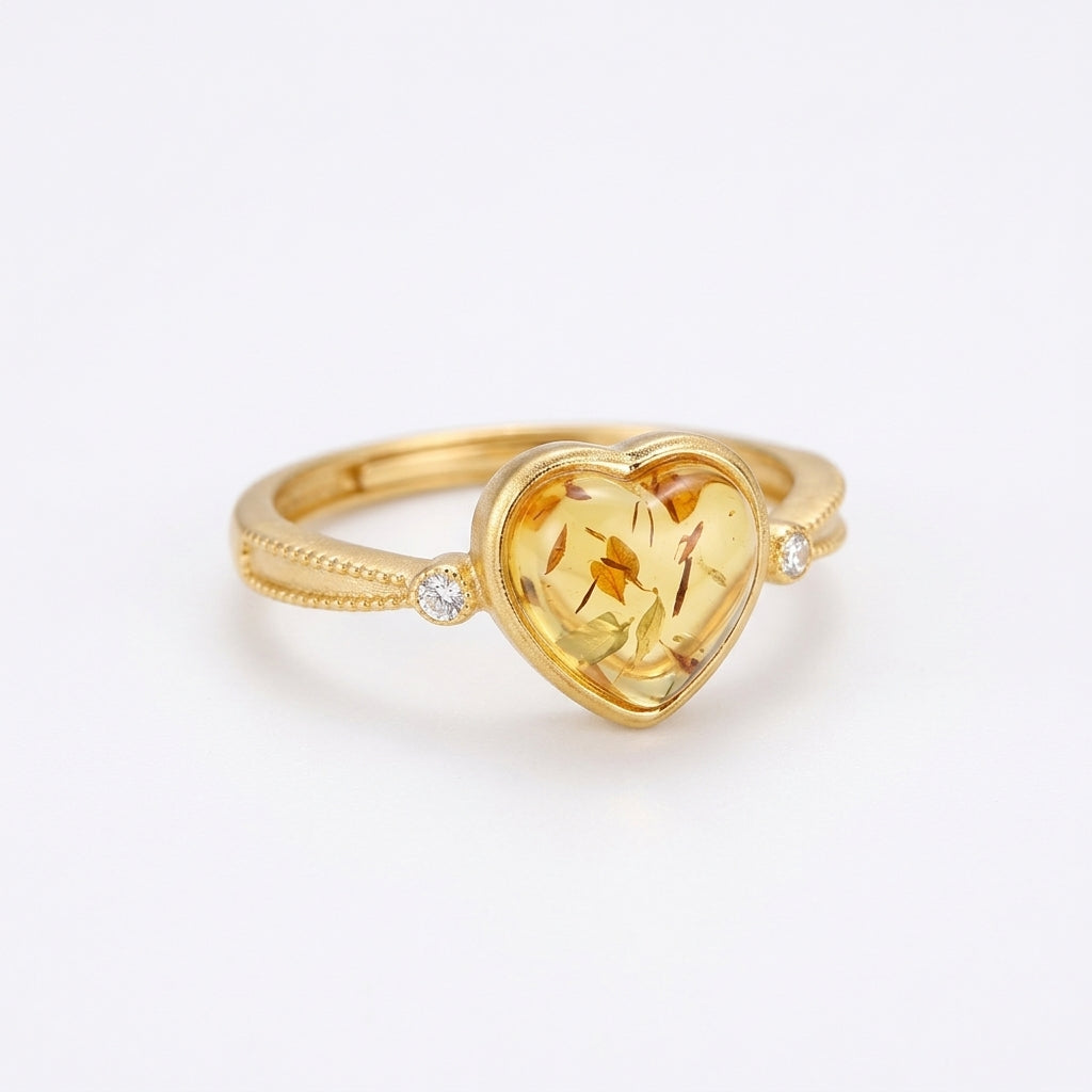 Bague Cœur Rayonnant en ambre véritable et argent plaqué or, design raffiné avec petits cristaux scintillants