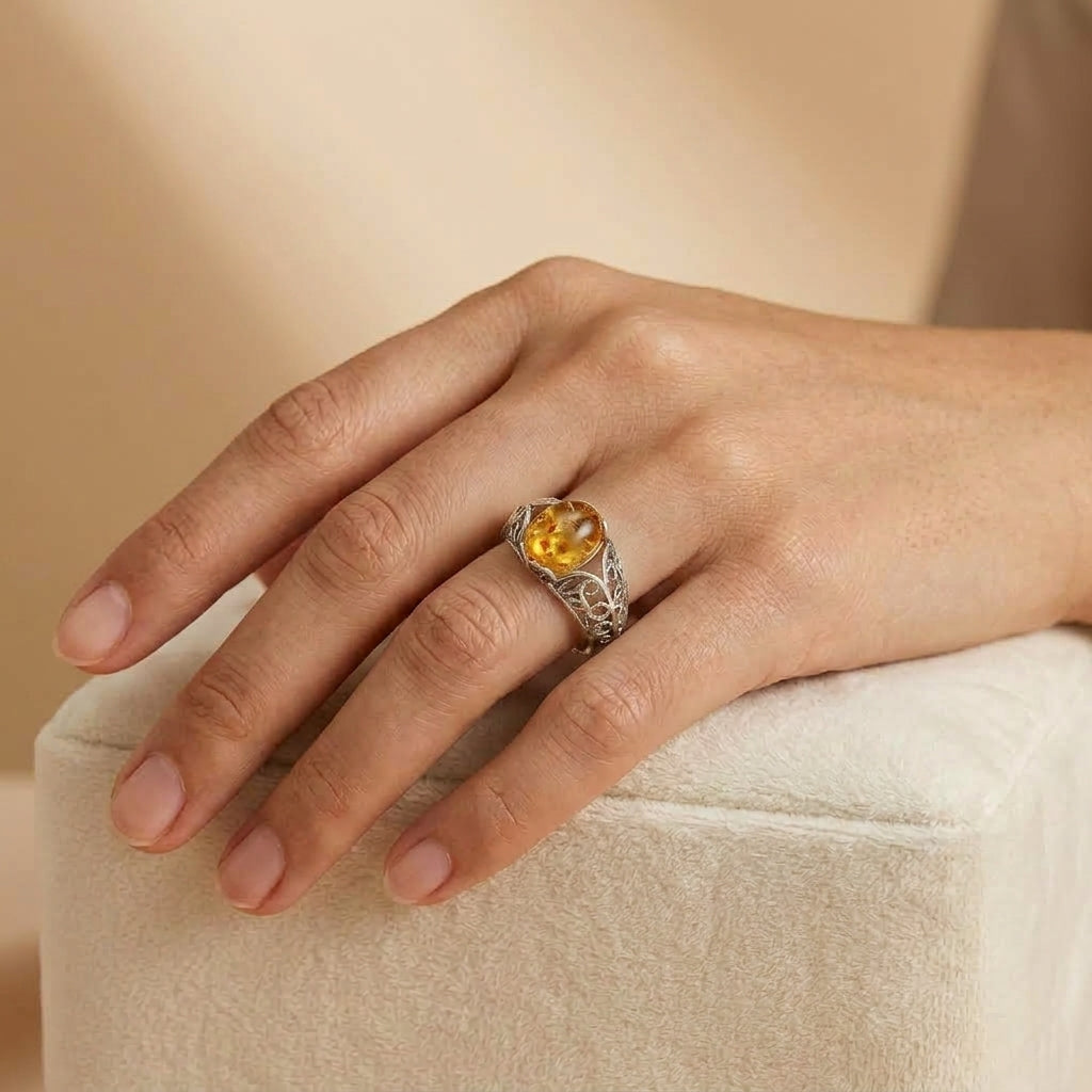 Bague Étreinte Dorée en argent ornée d'une pierre d'ambre naturelle portée sur un doigt