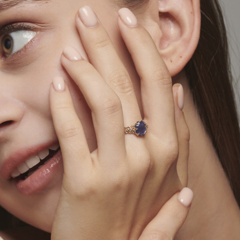Bague Améthyste – Olive Mystique, Argent Plaqué Or