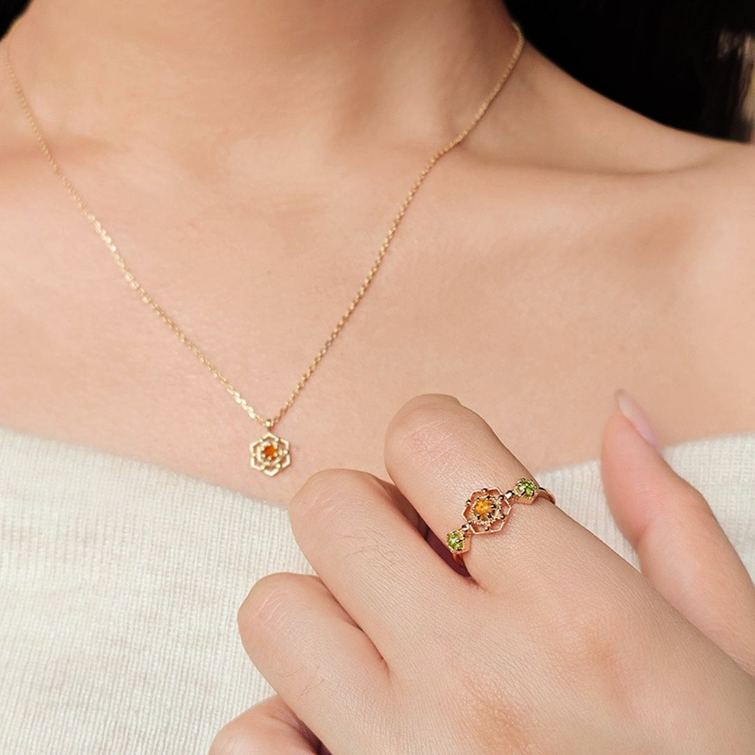 Jewelry-Citrine and Peridot Ring – Golden Garden Sparkle, Gold Plated Silver