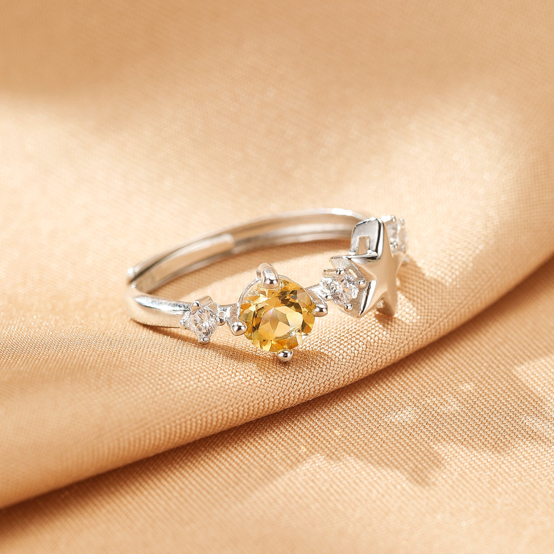 Bague Citrine Étoile – Lueur Céleste, Argent