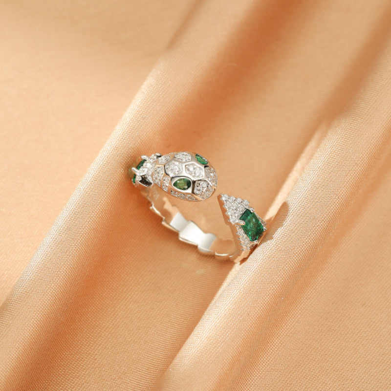 Bague serpent mystique en argent 925 sertie d'émeraudes et de diamants, finition polie