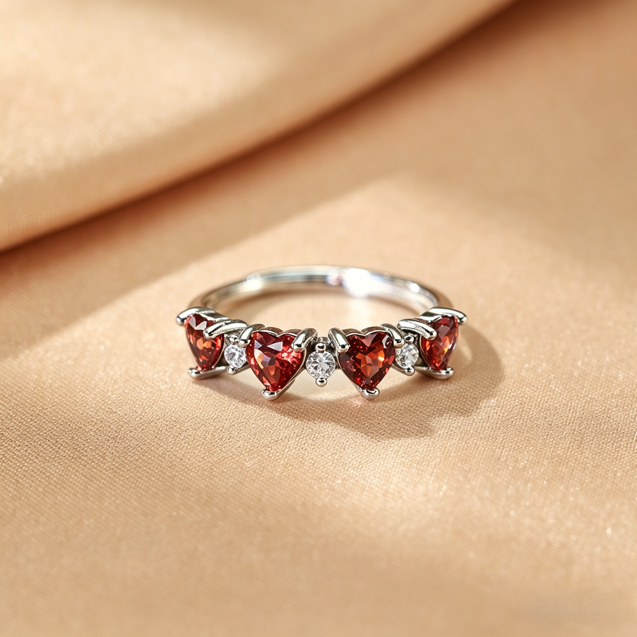 Bague en argent ornée de grenats en forme de cœur et de zircons blancs, sur un fond satiné beige.