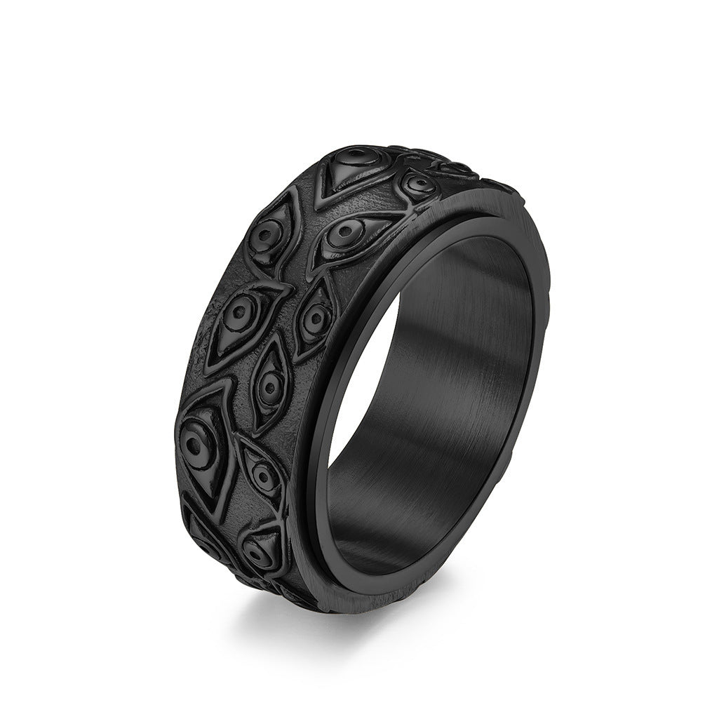 Bague pour homme Force Urbaine en acier noir avec motifs d'yeux gravés en relief