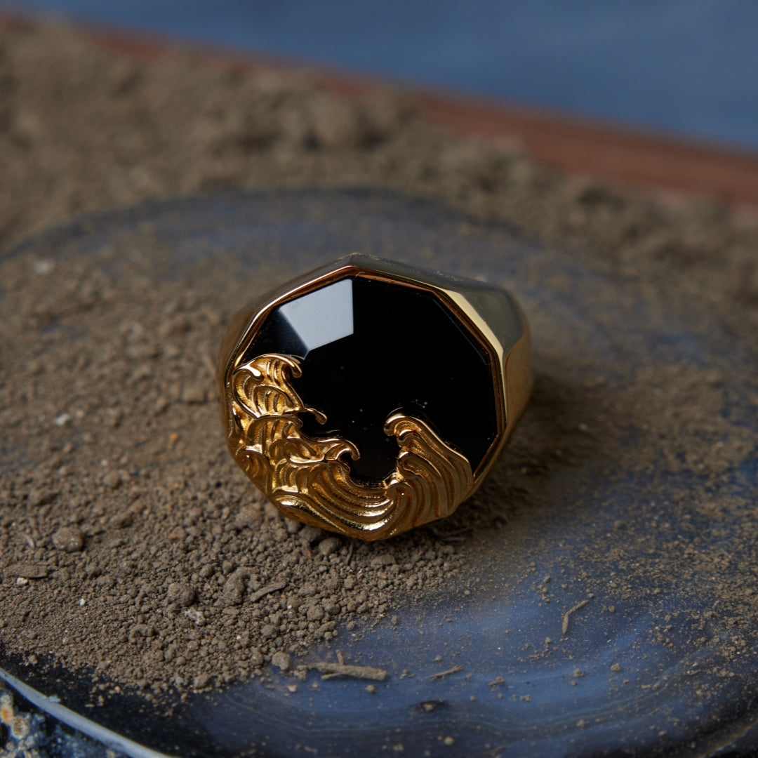 Bague Homme Obsidienne – Force de Nature, Argent Plaqué Or