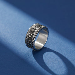 Bague pour homme style Viking modèle Force Runique en acier inoxydable avec gravures de runes nordiques sur fond bleu