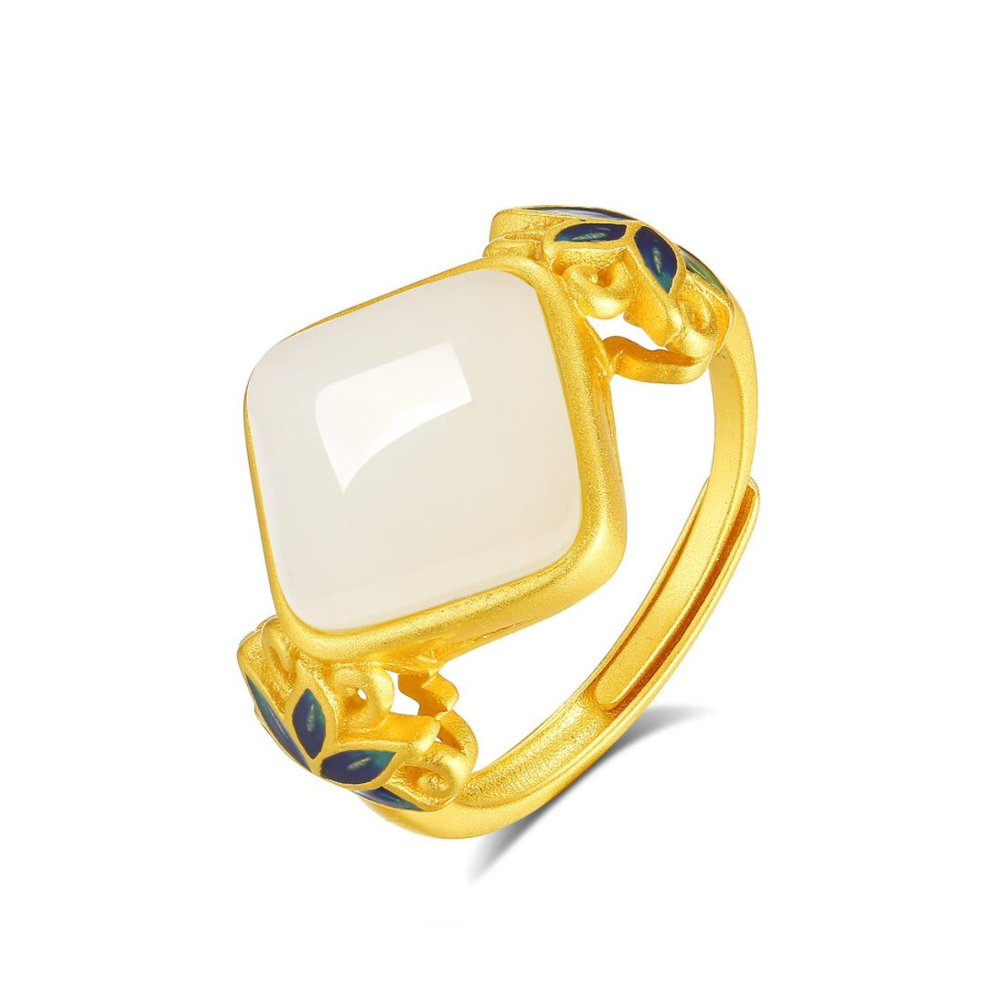 Bague Jade Blanc – Éveil Lotus Bleu, Argent Plaqué Or